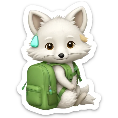 baby white fox wear green backpack sticker