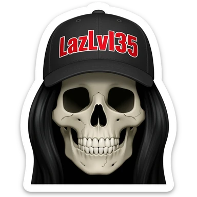 A skullhead thats wearing a black baseball cap with the words "LazLvl35" in red and white with long black hair sticker