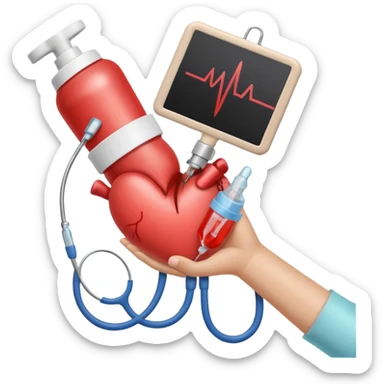 hand holding shape of a loveheart with background of stethescope, heel lancet, baby blood tubes, monitoring cables, baby bottle, cute scrapbooking paper,  sticker