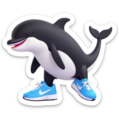 full body playful orca wearing black and white Nike sneakers, focus on shoes, clean background sticker