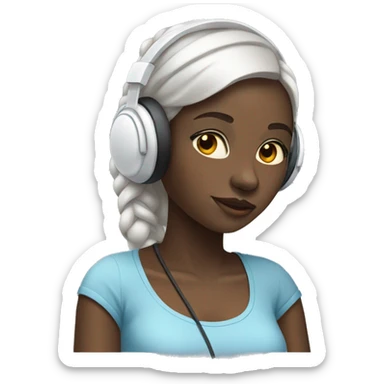 African girl. Wearing white headphones. Listening to music. Wearing a light blue shirt. sticker