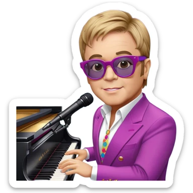 Pop music icon: Elton John at the piano in signature glasses and colorful outfit, George Michael holding a microphone in stylish attire. Stage lights and musical notes in the background. Transparent background. sticker