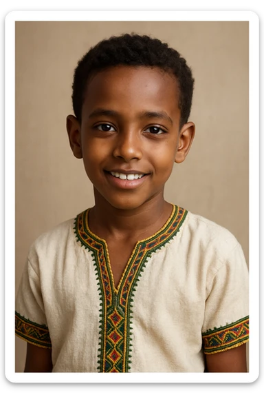 Ethiopian young boy, friendly expression, short curly hair, traditional shirt, neutral background sticker