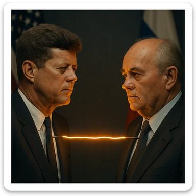 realistic portrait of John F. Kennedy and Mikhail Gorbachev with a glowing hot wire between them, US and Russian flags, Cold War context sticker