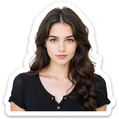 27 year old Caucasian woman with fair skin, brown eyes, long wavy dark brown hair, wearing a black top with a button sticker