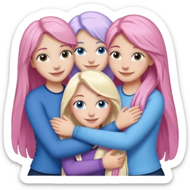 four white grips hugging and smiling    2 girls with brown eyes and long dark brown hair. One girl with long light pink hair and blue eyes, one girl with blue eyes and light blonde hair sticker