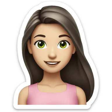 Caucasian smiling girl with long dark brown hair and green eyes and a round face and pink lips sticker
