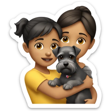 A tweety four-year-old girl with dark hair and brown eyes in a light brown T-shirt and black leggings hugs a gray miniature Schnauzer dog sticker