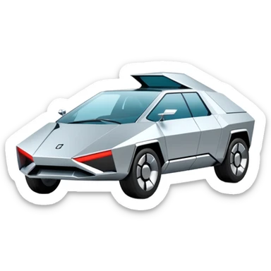 A futuristic chrome car emoji, sharp geometric body design inspired by cybertruck aesthetics, smooth silver metallic surface, matte and glossy chrome mix, minimal details, soft reflections, clean edges, iOS emoji style, centered, clean white background, soft studio lighting, no text sticker