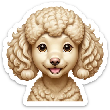 Cinematic Comical Cream Poodle Portrait Emoji, Head tilted dramatically with an exaggeratedly amused expression, featuring a glossy, curly cream Fur with a radiant sheen, wide, expressive warm eyes filled with playful disbelief, Simplified yet hilariously expressive features, highly detailed, glowing with a slightly sassy glow, high shine, dramatic yet playful, stylized with an air of cheeky mischief, bright and endearing, soft glowing outline, capturing the essence of a spirited and over-the-top companion, so meme-worthy it feels like it could side-eye its way into internet fame instantly! sticker
