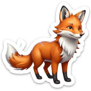 A fox with a body made of storm clouds, lightning crackling through its multiple tails. It can condense or expand its form, becoming more solid for attacks or diffusing into mist to avoid damage. sticker