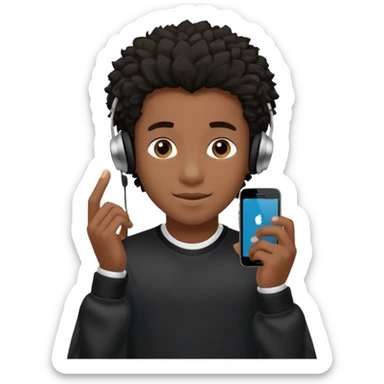 Faça um garoto adolescente de cabelo cacheado preto médio sorrindo, com fones de ouvido Bluetooth e um moletom branco sticker