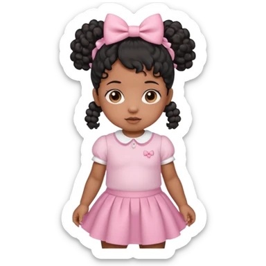 a brown skin baby with curly hair and a baby pink skirt and baby pink bows with her hair in pigtails and black hair sticker