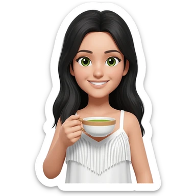 beautiful woman curtain fringe 30 years white skin drink matcha black long hair green and brown eyes white dress and smile sticker