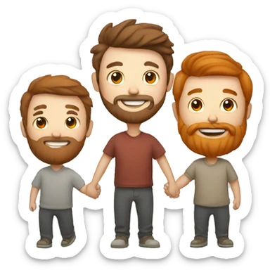 three happy men holding hands, the one in the middle has a red beard and brown hair, one is asian, two are white sticker