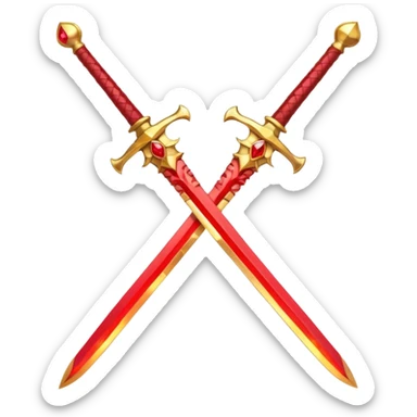 Two crossed swords that are golden in blade and handle and have fiery and royal appearence to them as well as red gem stones sticker