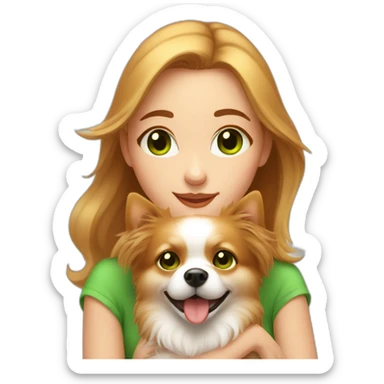highlighted hair girl with green eyes, hugs her pomeranian dog, red sticker