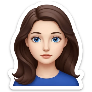 Realistic Student Portrait, with porcelain-like skin featuring a natural rosy flush, illuminated by soft lighting that highlights the gentle contours of her face. Her Brunette hair flows in soft, Her deep blue eyes radiate warmth and innocence, framed by arched brows and long lashes. sticker