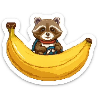 Change the car to a banana, keep the raccoon driving, in pixel art style. sticker
