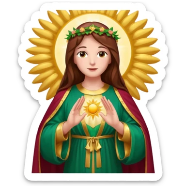 fullbody Virgin Mary front view gentle face long brown hair emerald green robe with gold stars burgundy dress hands in blessing halo big sun behind colorful roses on the sides sticker