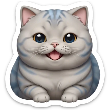 Cinematic Cute Chubby Grey Scottish Fold Cat Portrait Emoji, Head tilted playfully and yawning, round and plump body with sleek soft grey fur and subtle blue undertones, adorable folded ears, Simplified yet adorable features, highly detailed, glowing with a warm, friendly glow, high shine, curious yet calm, stylized with a touch of whimsy, bright and endearing, soft glowing outline, capturing the essence of a mischievous yet loving and lazy kitty with those signature folded ears, so cute it feels like it could stretch out of the screen and cuddle! sticker