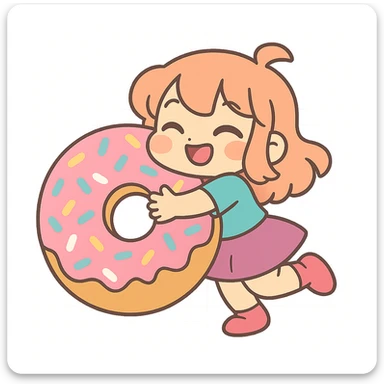 pastel-toon style chibi girl hugging giant donut with sprinkles sticker