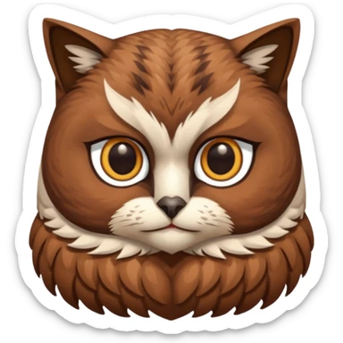 An cats head with a brown on top of the head of the cat the cats head infused with an white owls body with brown wings sticker