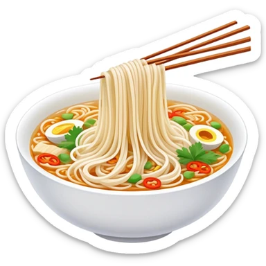 Guilin rice noodles with thin white strands and toppings, simplified emoji style with bold outlines and bright colors, cartoon style Guangxi famous Mi Fen sticker