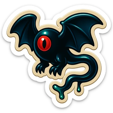 an all black reptilian bat-like creature. One cyclopian red eye in its face. no visible mouth or ears. 2 hind legs with claws. has a long tale with a stinger that drips green poison. no ears. no horns sticker