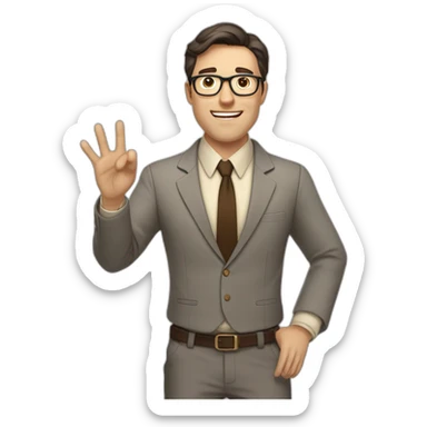 To belt Actively gesturing with hands Pale skinned fit man teacher with dark brown hair in gray jacket, beige office shirt, brown tie, brown pants and vintage glasses. sticker