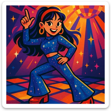 K-pop girl, retro disco style, sparkly outfit, fun pose, energetic expression, vibrant toon style, colorful, dynamic lighting sticker