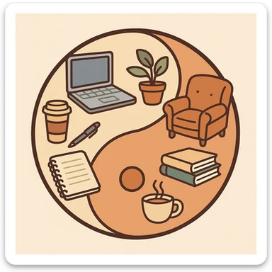 flat minimal style of a yin-yang symbol with one side showing office items and the other side showing home and relaxation items sticker
