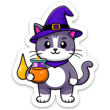 mystical cat with magic potion and witch hat sticker