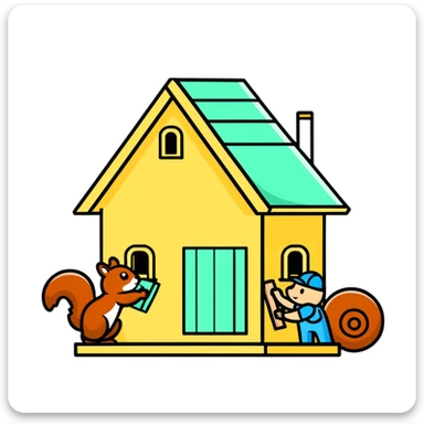 squirrel hut under construction with four workers sticker