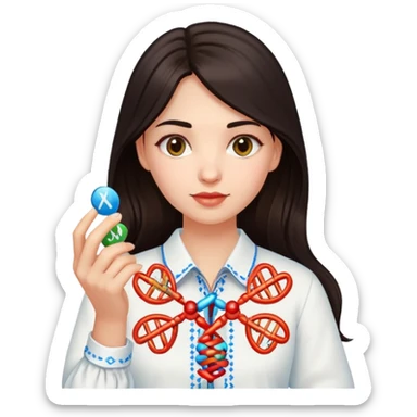Ukrainian girl with dark hair in an embroidered traditional shirt holds a DNA molecule in her hand sticker