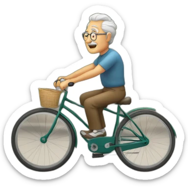 Abuelo muy gordo. sin barba. con una boina en la cabeza. pedaleando con una bicicleta antigua. con cara de cansado. sticker
