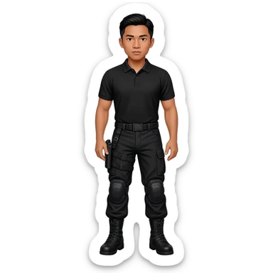 Filipino man black polo shirt and black fatigue combat pants with holster belt and black combat boots sticker