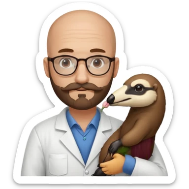 A bald veterinarian with a beard and glasses, mustache holding an the animal is "anteater" oso hormiguero  sticker