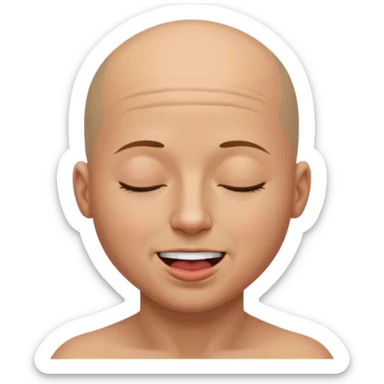 bald emoji tucking back non existing hair biting one side of bottom like looking down eyes closed sort of smiling sticker