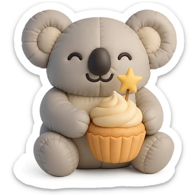 happy koala holding cupcake with 1 star candle in cushion style sticker