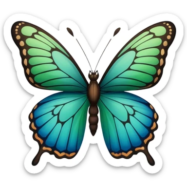 A butterfly with blue edges, green wings, and a black body, Between the wings brown  sticker