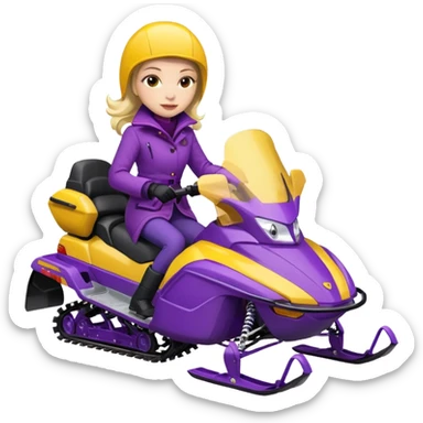 Woman wearing red coat  on purple and yellow snowmobile sticker
