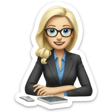 Corporate blonde boss lady with glasses happy blue eyes sitting at a desk drinking coffee  sticker