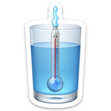 At a 45-degree angle backward and slightly to the right, the thermometer in a glass of water should be gray, like a mercury thermometer, and show 50+>C in 3D format. The water should also be blue. sticker