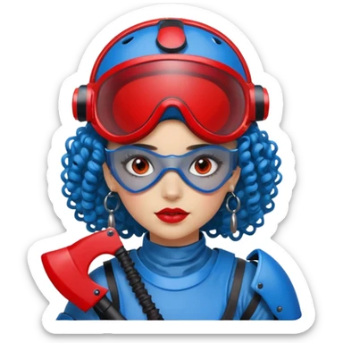 blue curly haired girl with huge earrings wearing red paintball helmet with eye protection, only face  sticker