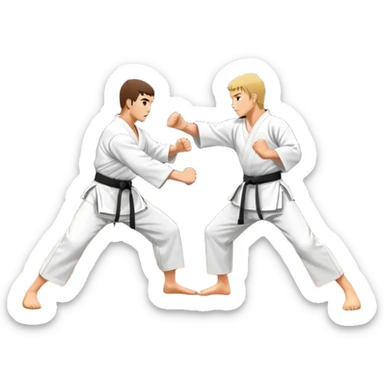 An icon representing traditional Karate, featuring two opponents in a martial arts dojo. One is performing a powerful punch, while the other defends with a block. The background showcases a classic dojo setting with wooden floors and sliding doors. Transparent background sticker