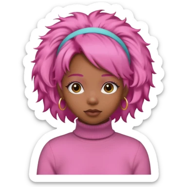 black fluffy haired girl with pink turtleneck sweater and pink hair band sticker