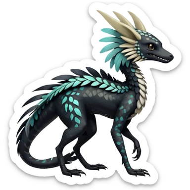 Rare realistic tribal patterned whitish pastel colorful iridescent shiny glossy feathery epic handsome gorgeous aesthetic black-skulled Vernid-Trico-Sergal-Salandit-Nargacuga-species-Fakemon-creature by LiLaiRa, 4 legs, 1 tail, random markings, (full body) long ears sticker