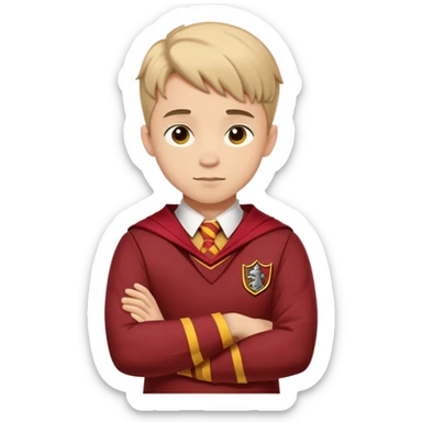 A young adult man slightly to the side looking forward with crossed arms wearing the Gryffindor uniform sticker