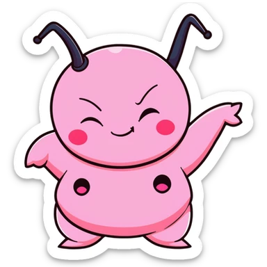 Majin Buu from Dragon Ball Z, pink round body with holes, antenna on head, innocent smile sticker
